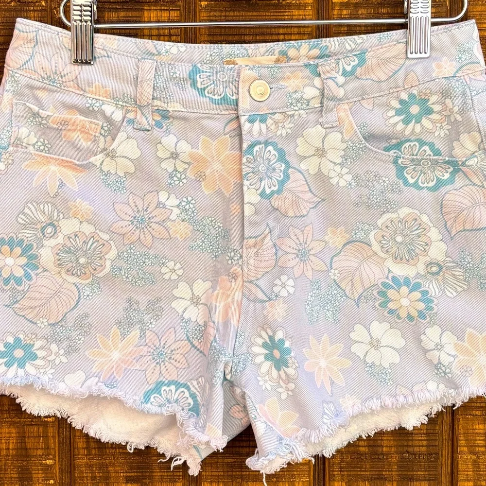 Altar’d State Light Blue & Light Pink Floral Cut Off Denim Jean Shorts